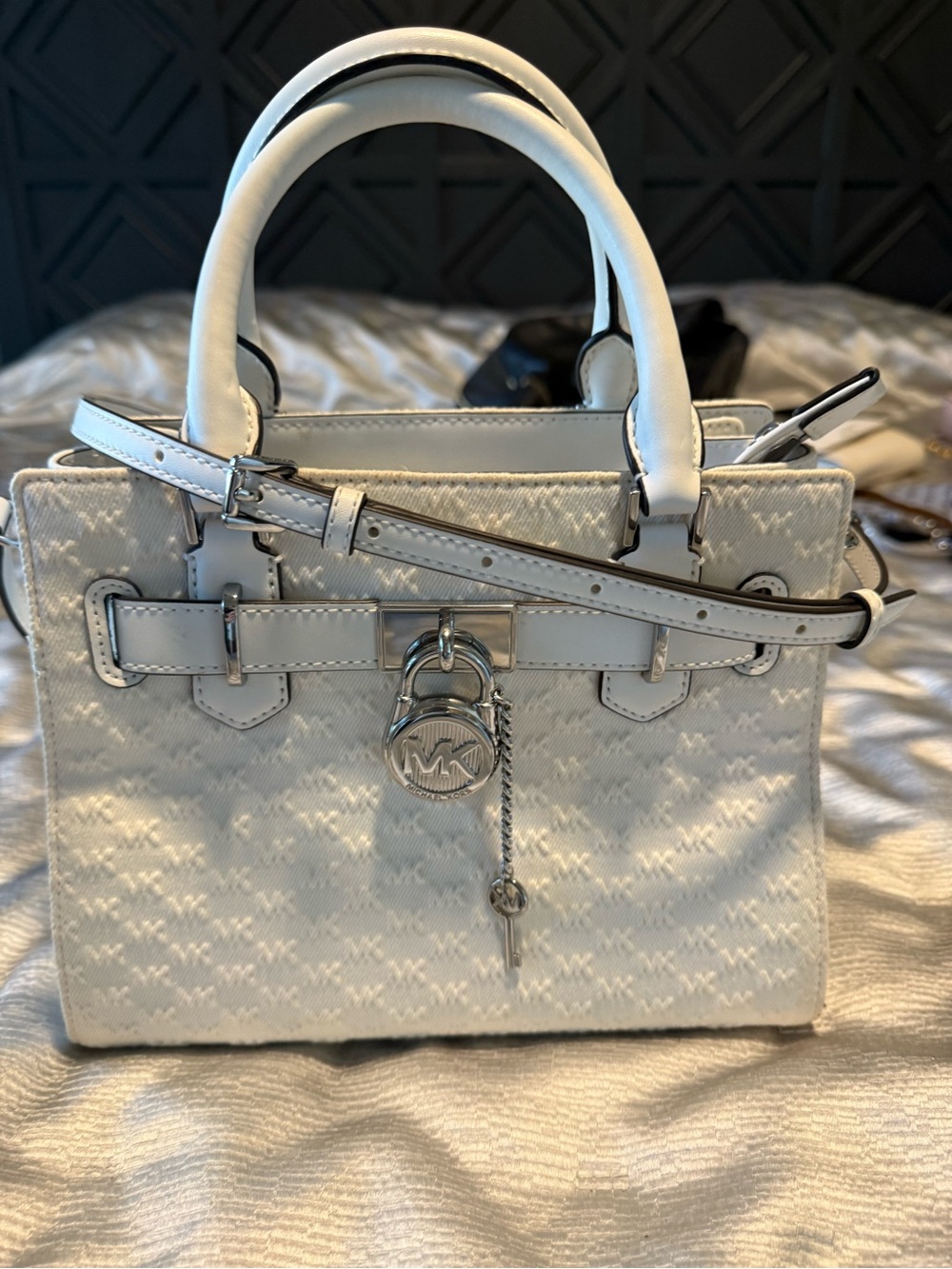 Michael Kors White Logo-Print Satchel with Charm